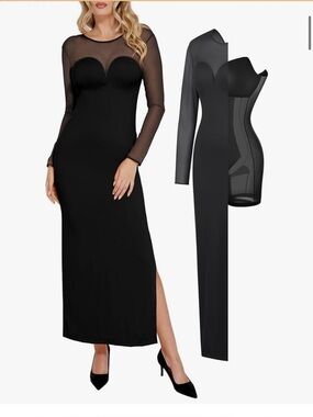 Popilush Long Sleeve Mesh Maxi Dress with Shapewear